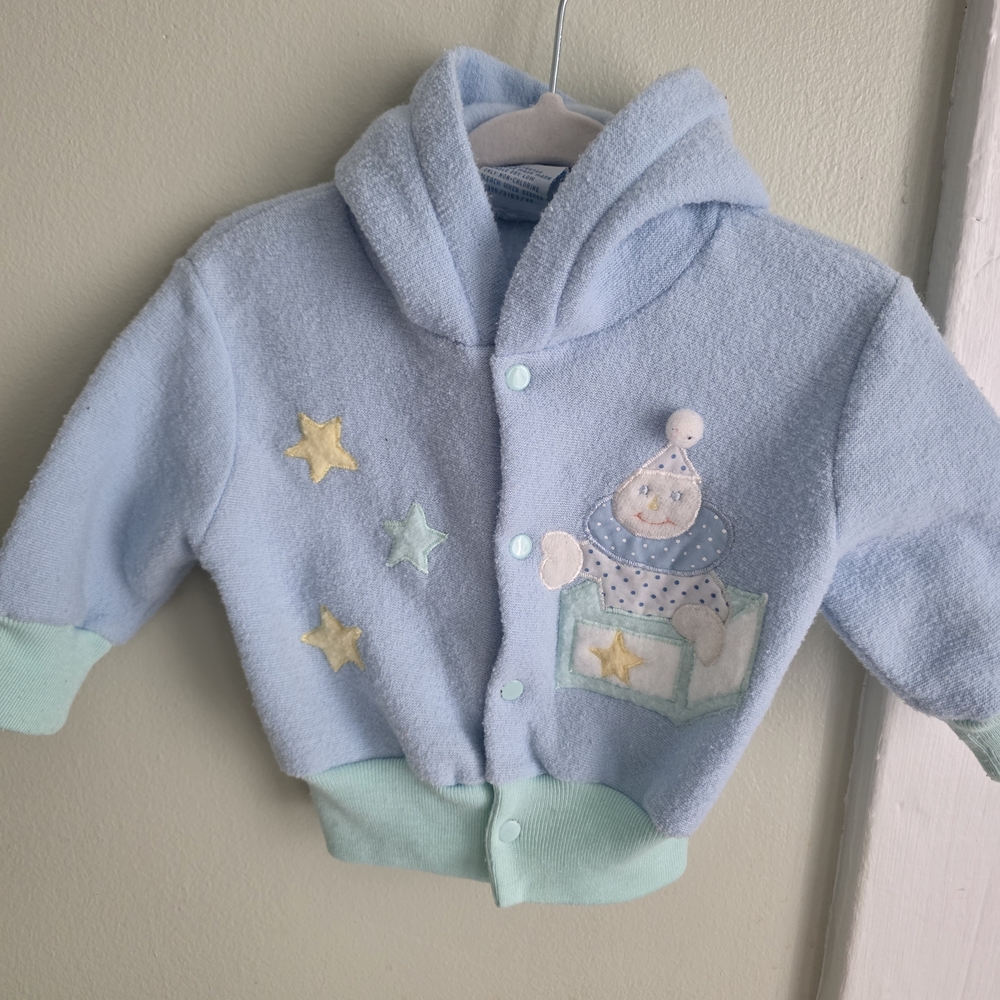 Vintage Baby Hooded Jacket with Star & Bear Appliqué - Light Blue + Mint